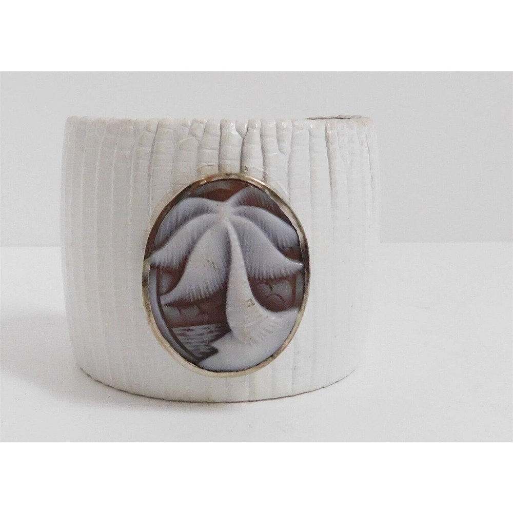 Ted Rossi White Reptile Embossed Leather‎ Palm Tree Cuff Bracelet